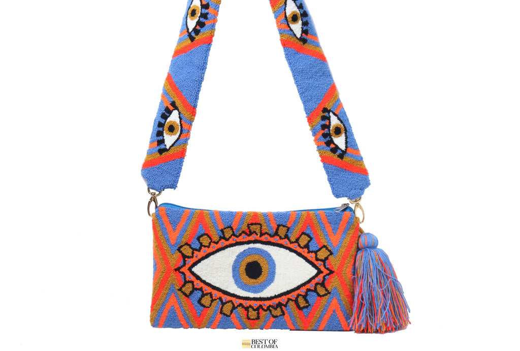 Blue Denim Evil Eye Clutch with Strap - Best of Colombia