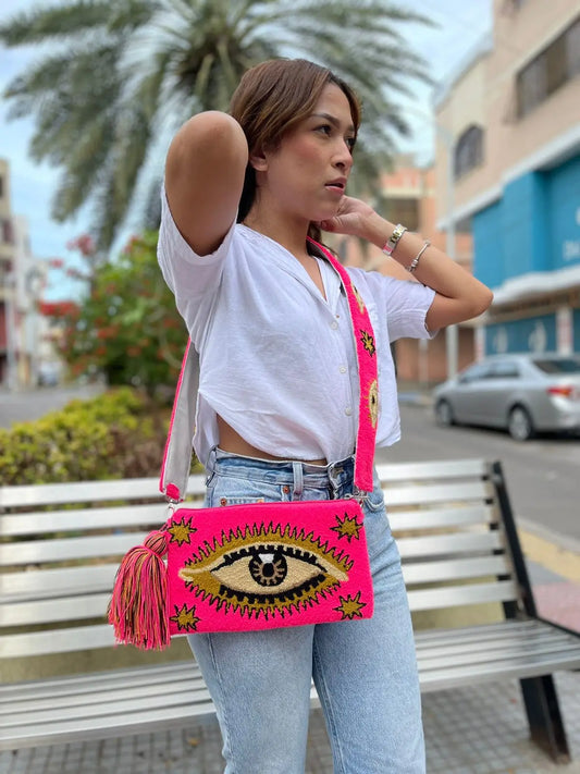 Neon Pink Evil Eye Clutch + Removable Strap Best of Colombia