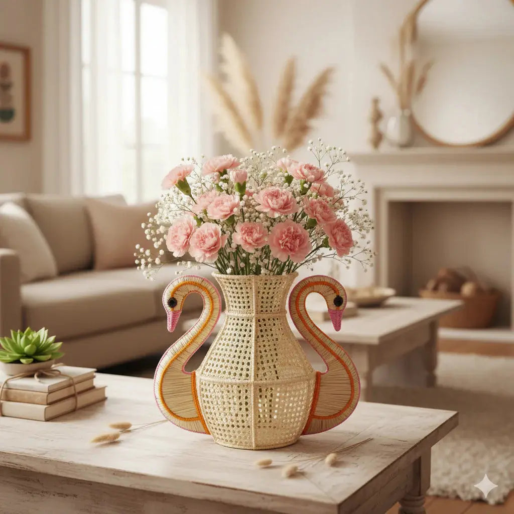 Handwoven Swan Raffia Vase Best of Colombia
