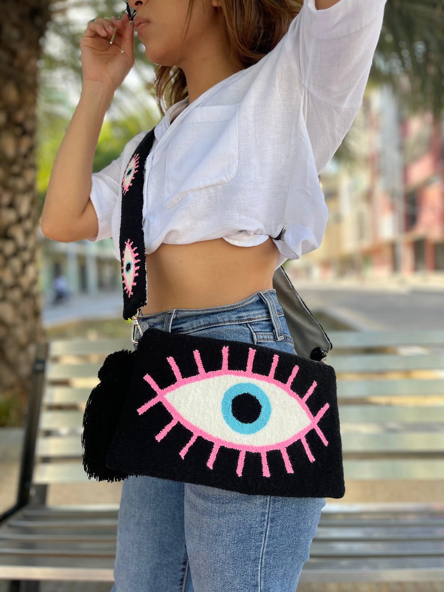 Solid Black Evil Eye Clutch + Removable Strap Best of Colombia