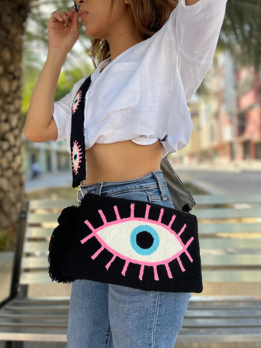 Solid Black Evil Eye Clutch + Removable Strap Best of Colombia