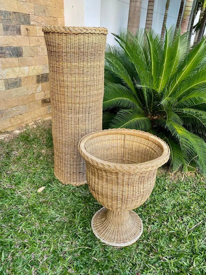 Round Braided Wicker/Rattan Urn & Pedestal handwoven Best of Colombia