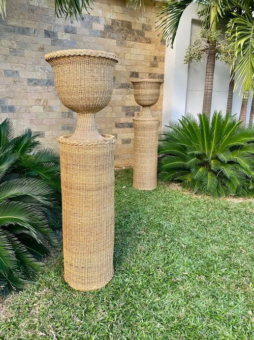 Round Braided Wicker/Rattan Urn & Pedestal handwoven Best of Colombia