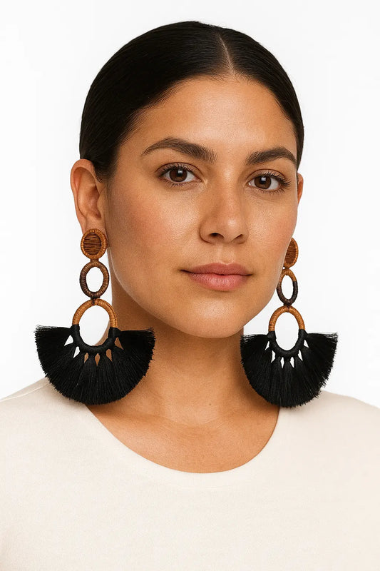 Black & Tan Palm with Tassels Earrings - Handmade Bestofcolombia1