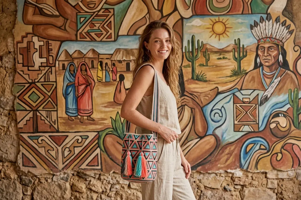 Woman holding a patterned bag in front of a colorful mural with indigenous designs.