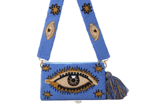 Offwhite & Blue Evil Eye Clutch + Removable Strap Best of Colombia