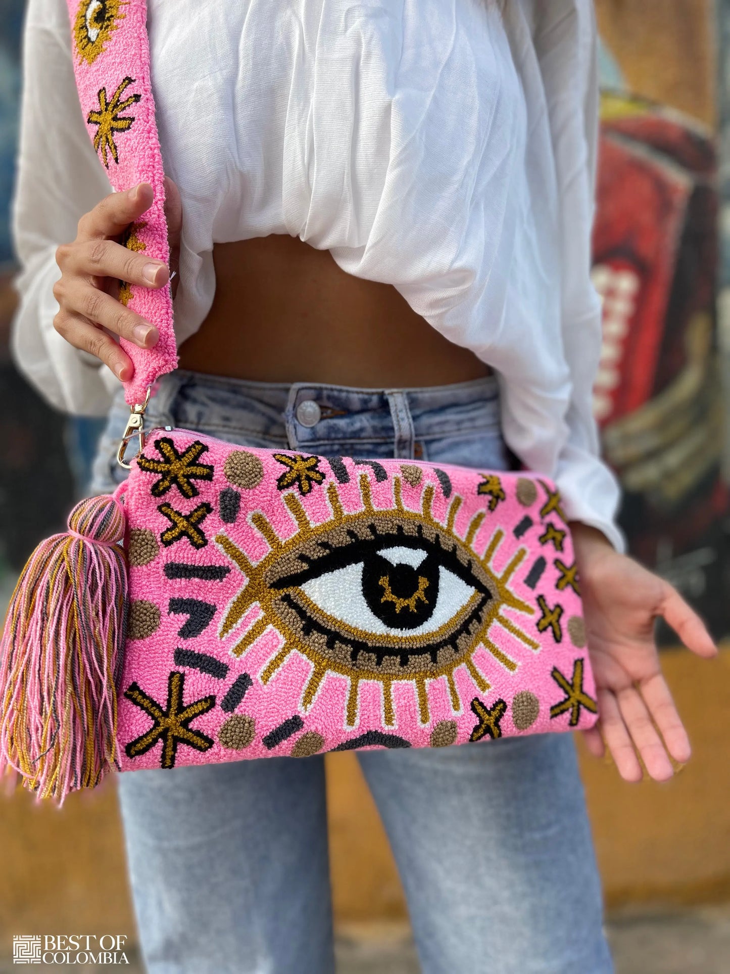 Pink Evil Eye Clutch + Removable Strap Best of Colombia