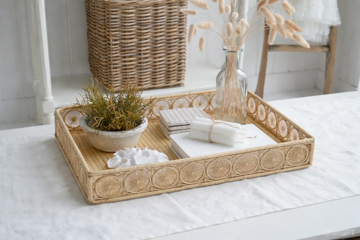 Decorative wicker tray with plants and folded towels on a white surface