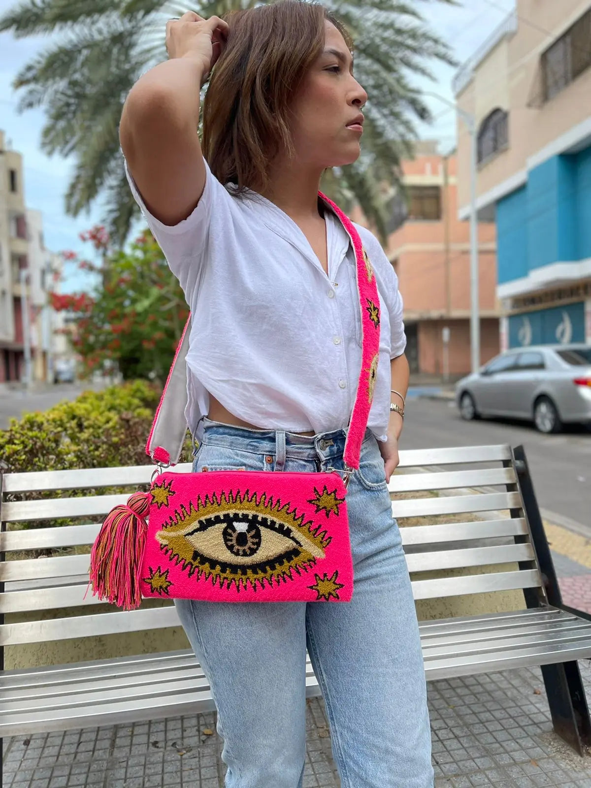 Neon Pink Evil Eye Clutch + Removable Strap Best of Colombia