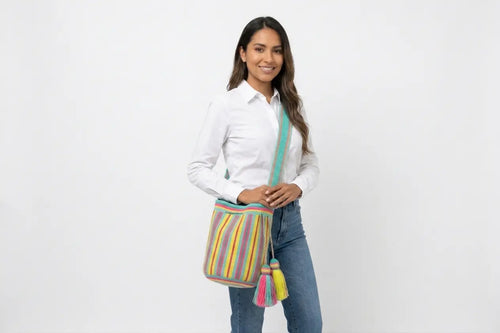 2T Large Colorfull Wayuu Mochila Bag - Bright Boho Crossbody Purse – Handwoven Colombian Tribal Tote Best of Colombia