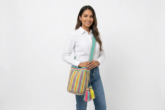 2T Large Colorfull Wayuu Mochila Bag - Bright Boho Crossbody Purse – Handwoven Colombian Tribal Tote Best of Colombia