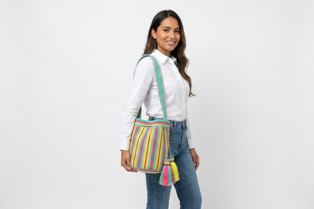 2T Large Colorfull Wayuu Mochila Bag - Bright Boho Crossbody Purse – Handwoven Colombian Tribal Tote