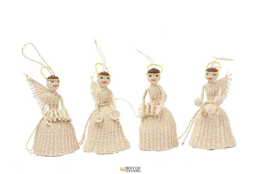 Four beige handwoven angel ornaments with brown details, each with a different pose, set against a white background.