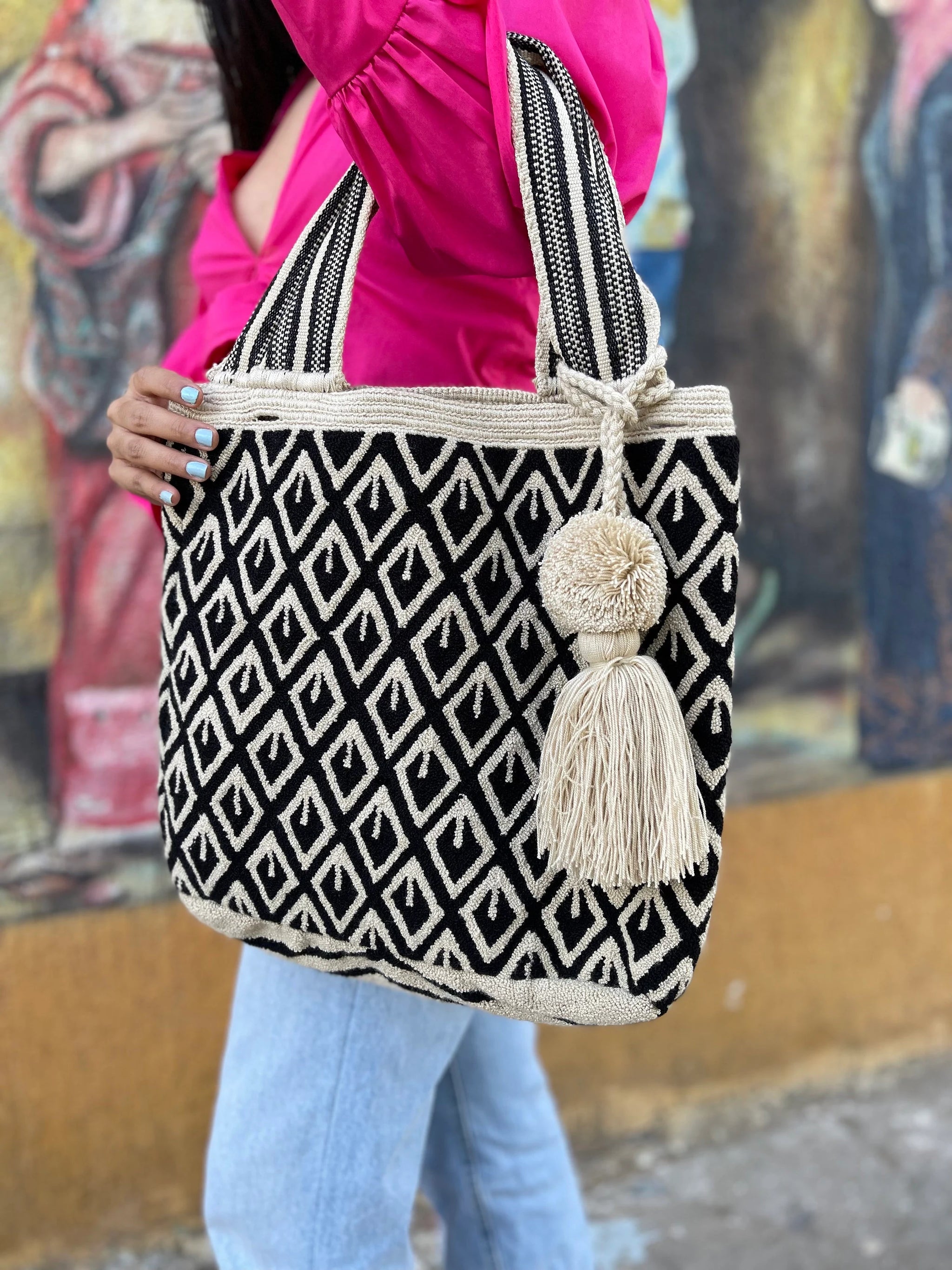 Wayuu tribe bucket bag black pompoms new newest