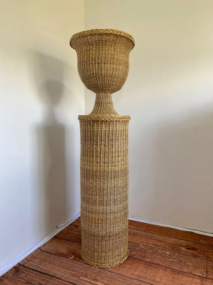Round Braided Wicker/Rattan Urn & Pedestal handwoven Best of Colombia