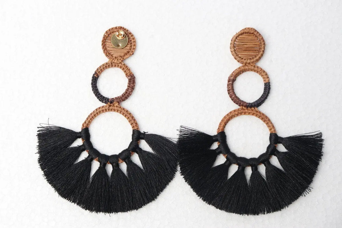 Black & Tan Palm with Tassels Earrings - Handmade - Best of Colombia