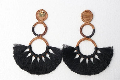 Black & Tan Palm with Tassels Earrings - Handmade - Best of Colombia