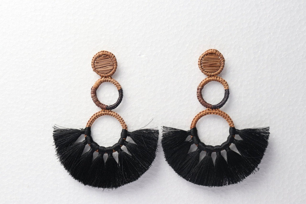 Black & Tan Palm with Tassels Earrings - Handmade - Best of Colombia