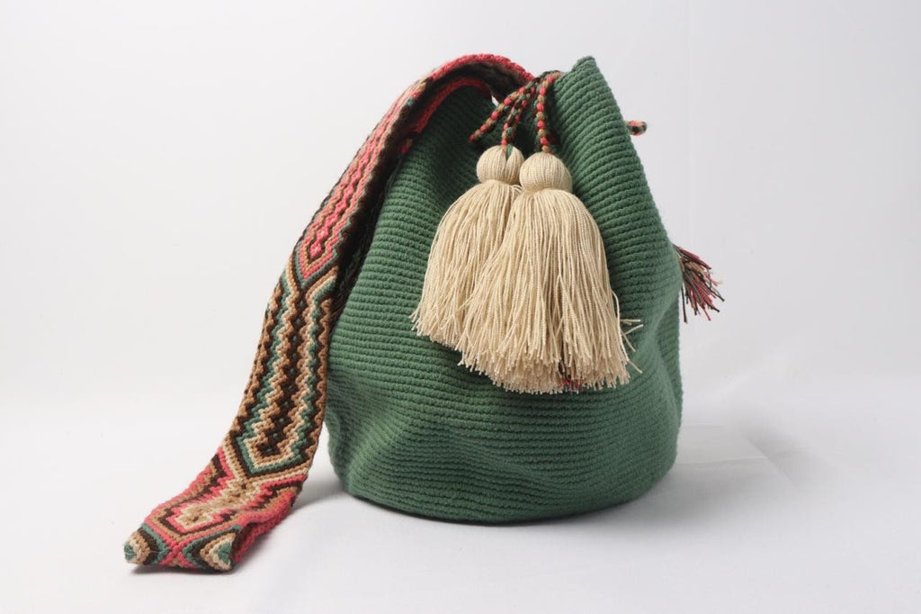 Green Unicolor Wayuu Mochila Bag with Macrame Strap - Best of Colombia