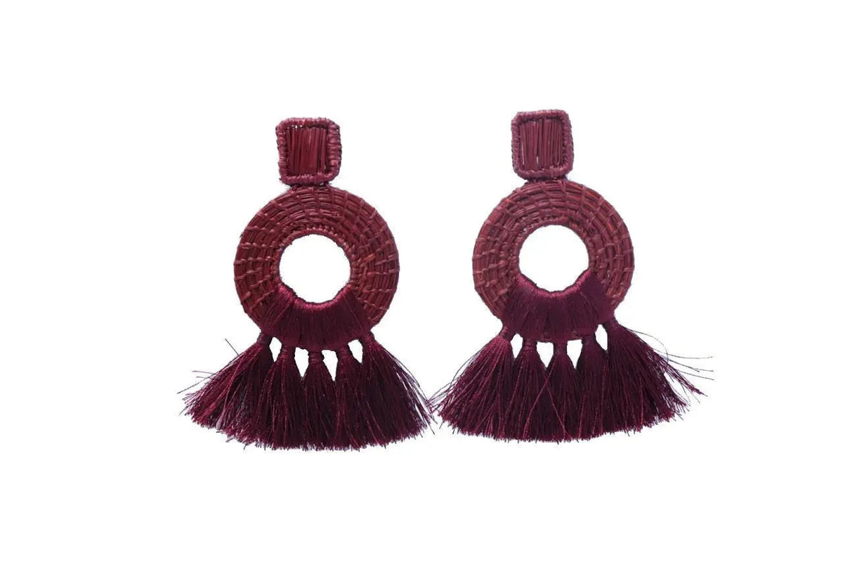Burgundy Tassels iraca Earrings - Best of Colombia