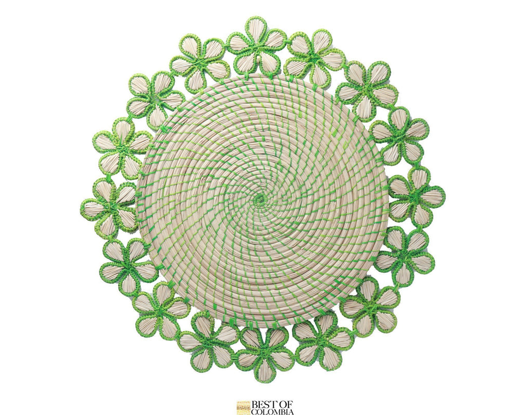 Green Floral Iraca/Straw Placemat - 16” diameter - Best of Colombia