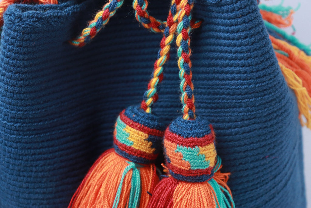Blue Jean Wayuu Mochila Bag with Special Tassels - Large - Best of Colombia