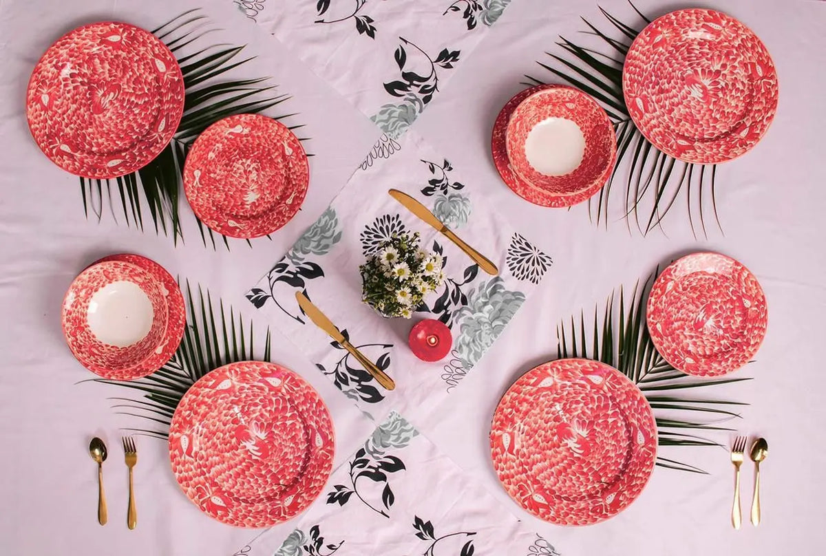 Hand painted red Floral Ceramic Set- 3 plates 1 Bowl plate & a Cup - Best of Colombia