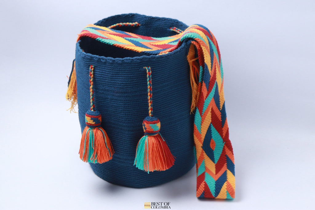 Blue Jean Wayuu Mochila Bag with Special Tassels - Large - Best of Colombia