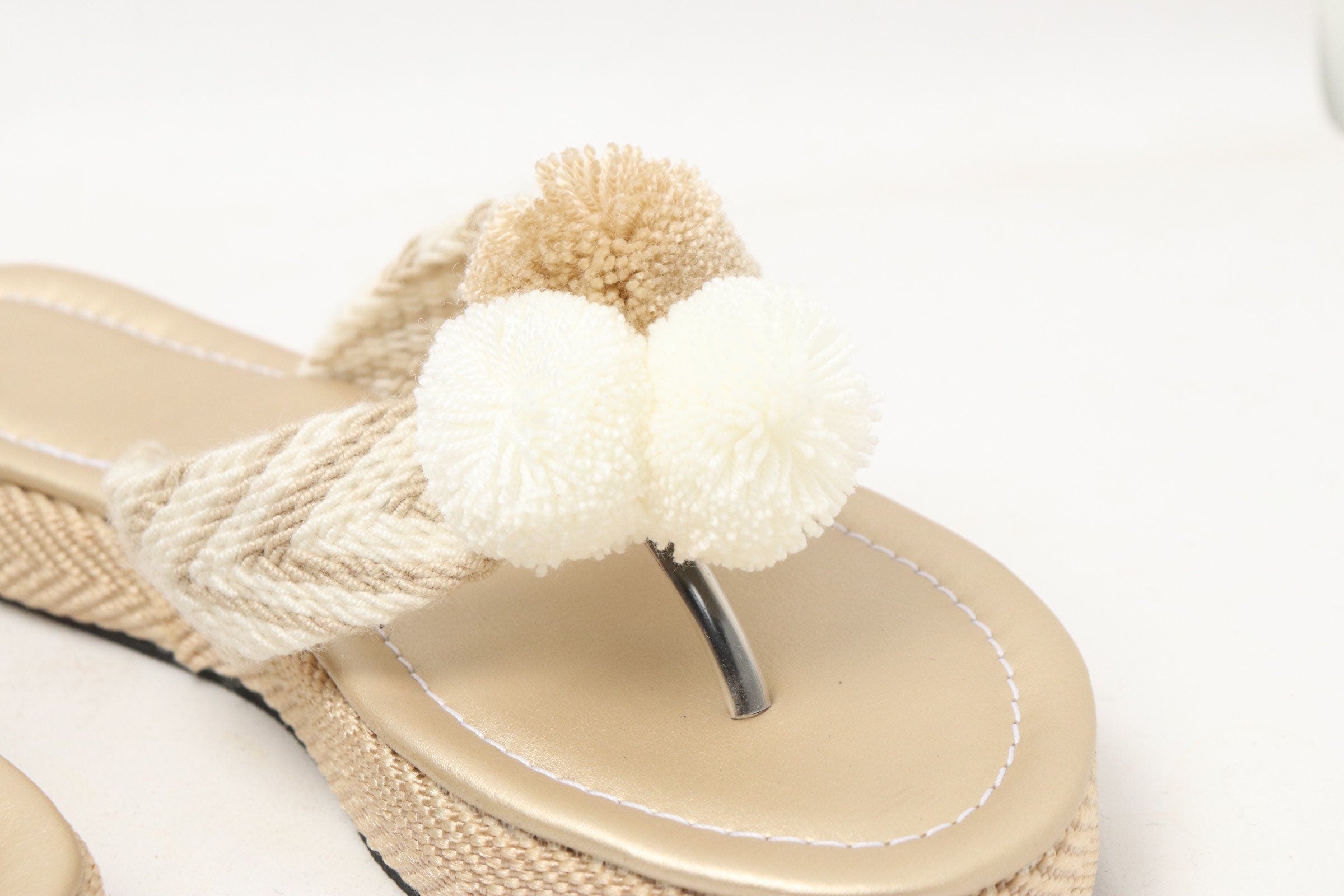Cream Beige Handwoven PomPom Sandals – Best Colombia