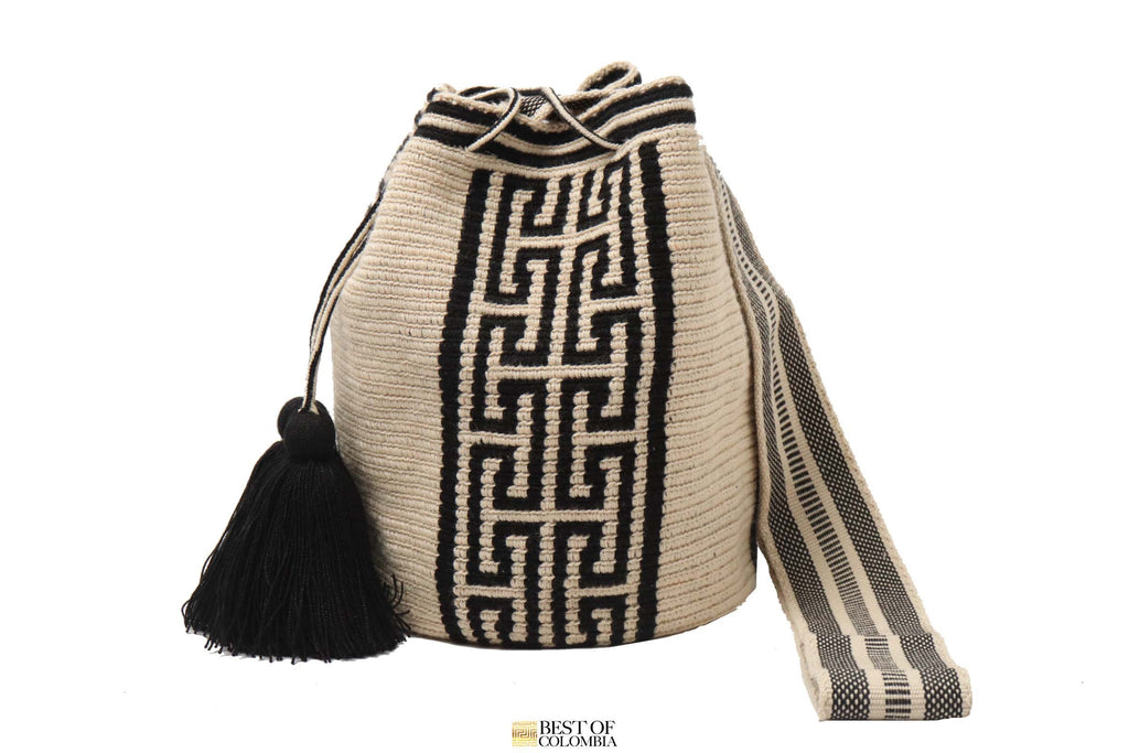 Classic Black & Natural Wayuu Mochila Bag with Special Tassels - Large - Best of Colombia
