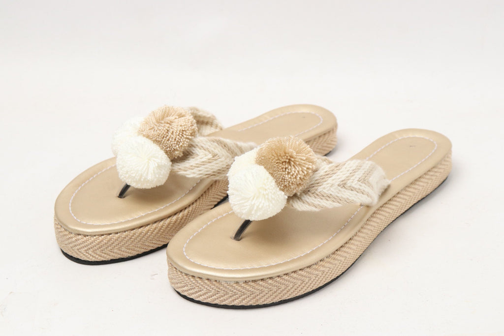 Cream Beige Handwoven PomPom Sandals - Best of Colombia