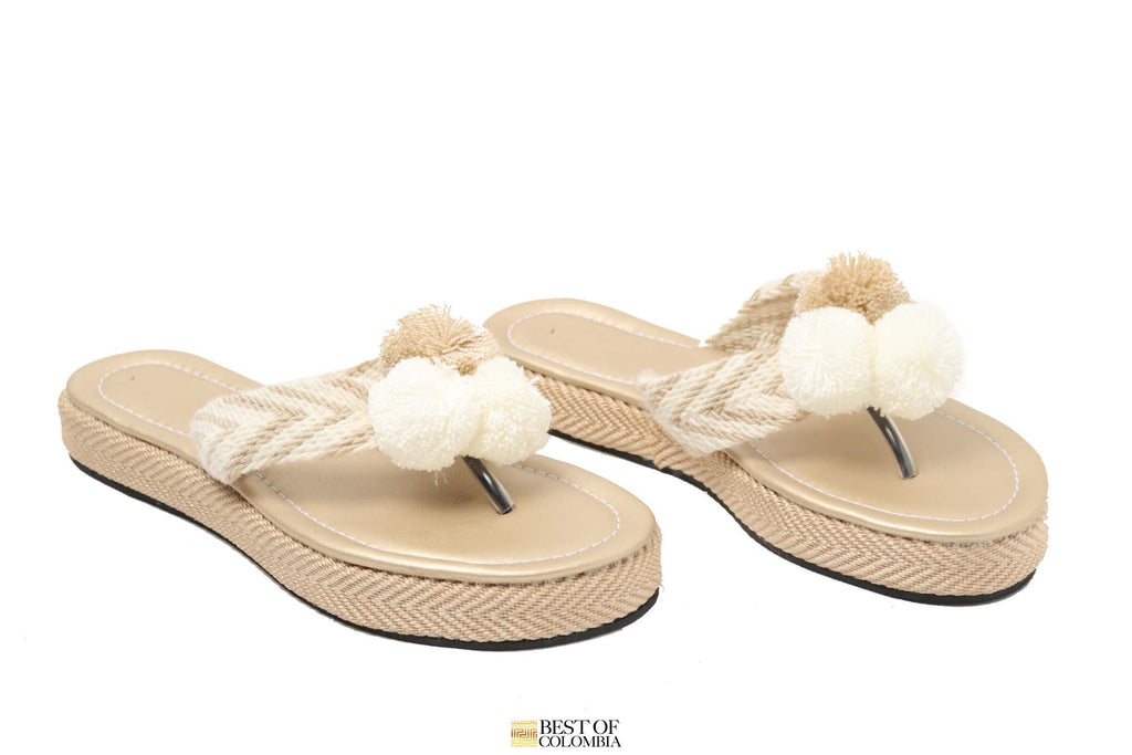 Cream Beige Handwoven PomPom Sandals - Best of Colombia